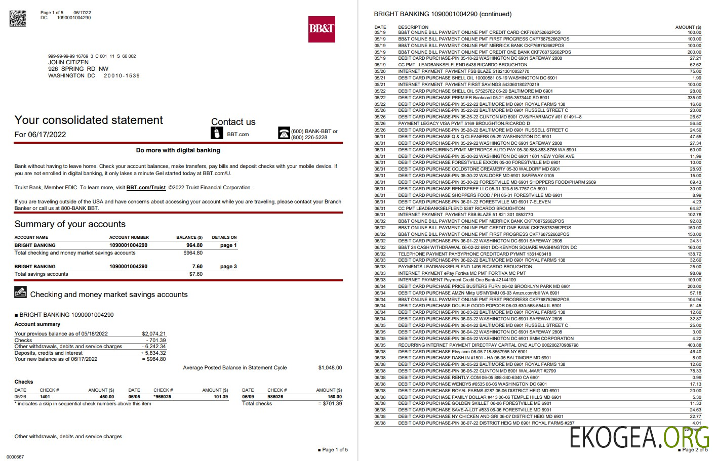 USA Washington BB&T banque 5 PAGES